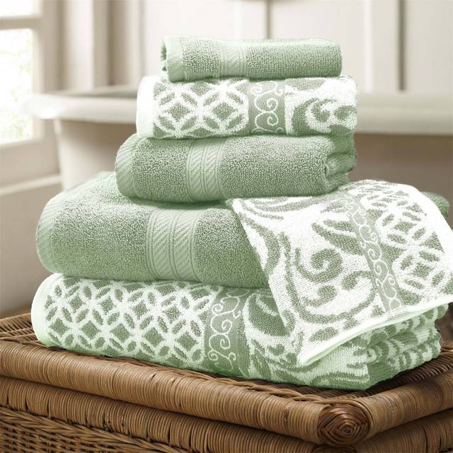 6-Piece Reversible Yarn Dyed Jacquard Towel Set - Green (Washcloth;Hand Towel;Bath Towel)