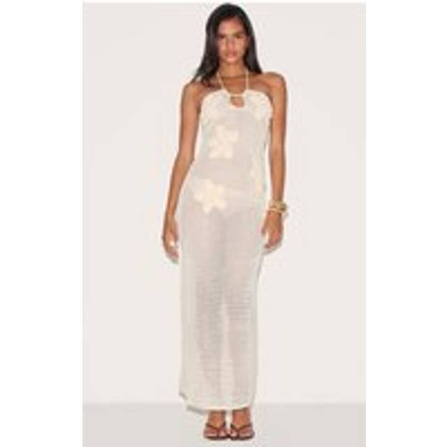Cream Flower Applique Crochet Maxi Dress, White