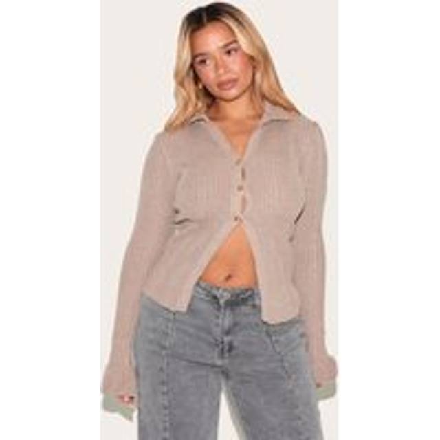 Shape Mocha Knitted Rib Button Front Split Hem Cardigan, Brown