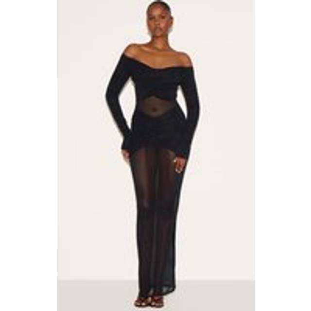 Black Bandage Mesh Bardot Layered Ruched Maxi Dress, Black - 6
