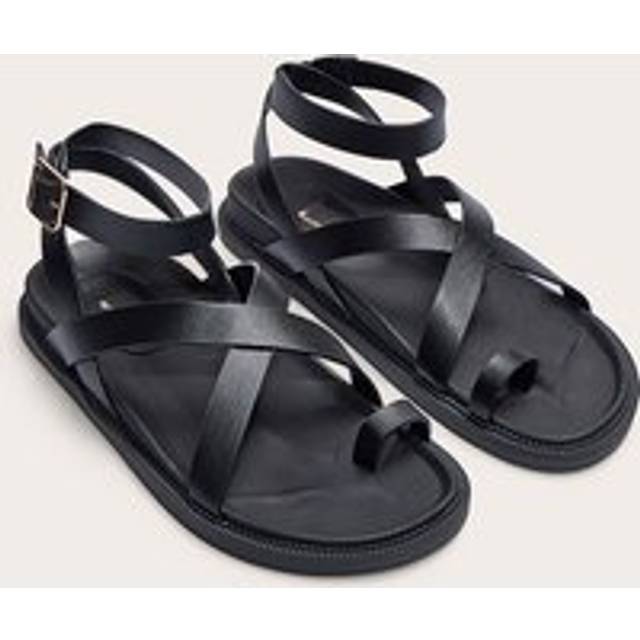 Black Pu Round Toe Ankle Strap Footbed Sandals, Black - 5