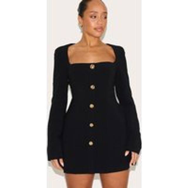 Shape Black Tailored Square Neck Hammered Button Mini Dress, Black - 14