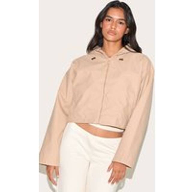 Beige Pu Faux Leather Cropped Hooded Jacket, Camel - M