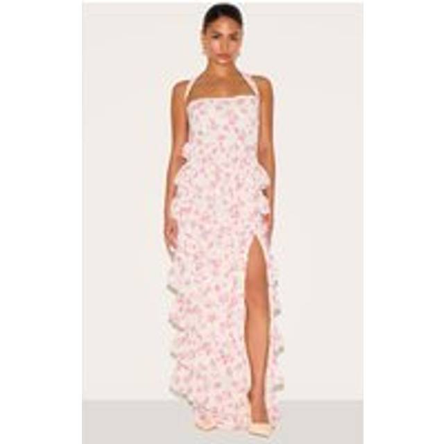 Petite Pink Flower Print Frill Detail Maxi Dress, Pink - 10