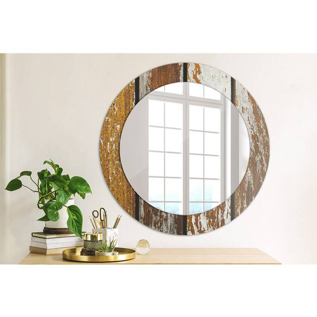Huldar Round Glass Framed Wall Mounted Accent Mirror in Brown (60cm H X 60cm W X 0.8cm D)
