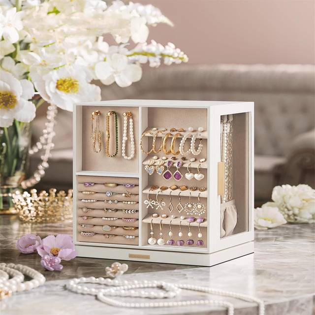 Jewelry Box 360° Rotating, With 5 Drawers, Glass Window, Open Design, Cloud White (29cm H X 22cm W X 16cm D)