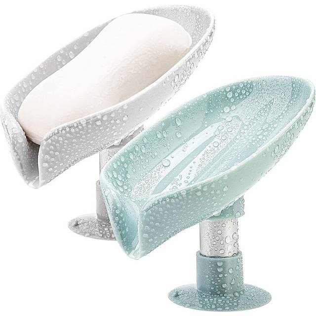 2 Pack Soap Holder Leaf-Shape Self Draining Soap Dish Holder, Not Punched Easy Clean Bar Soap Holder, with Suction Cup Soap(Grey + Green)
