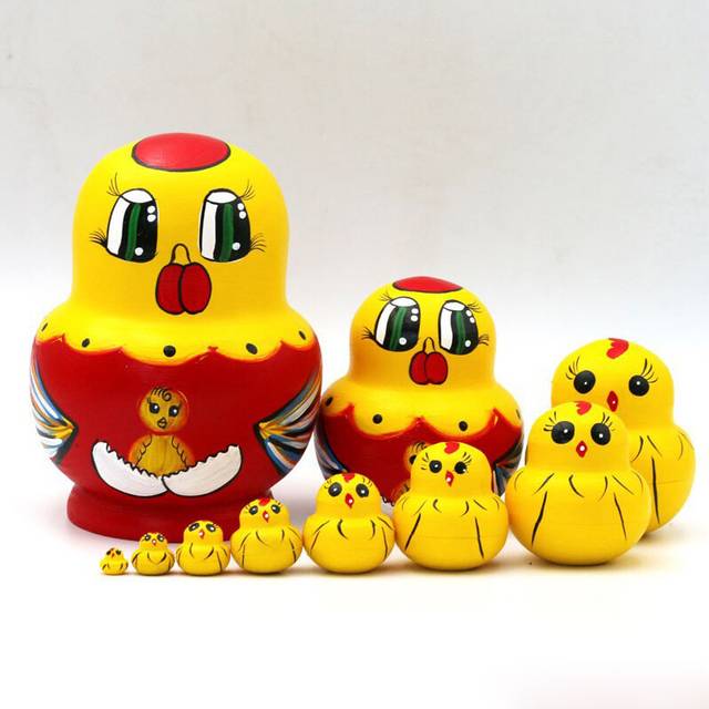 (chick) 10Pcs/Set Cute Cartoon Russian Nesting Dolls Wooden Handmade Toy