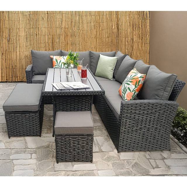 ClassicLiving Rosen 9 Seater Aluminium Dining Table Top With Storage Bench And Stool And Furniture Cover Black