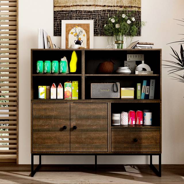 Borough Wharf 100cm Wide Wood Modern Storage Sideboard with 5 Open Shelves, 2 Cabinets, 1 drawer, Durable Wooden Design for Living Room & Dining Room (100cm W x 40c Brown 98cm H X 100cm W X 40cm D