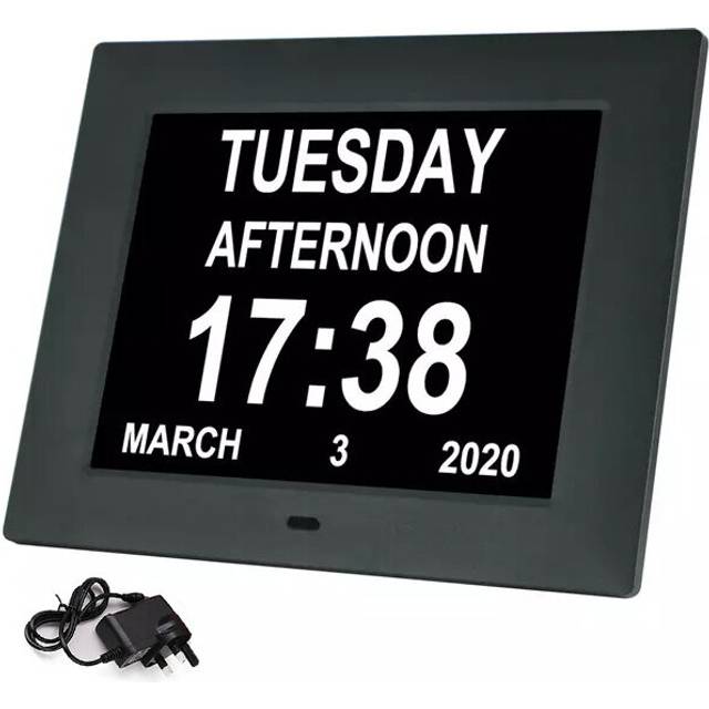 (Black) 8 Inch Digital Day Clock LED Calendar Dementia Alarm Calendar Memory Loss Day Clock Extra Large Non-Abbreviated