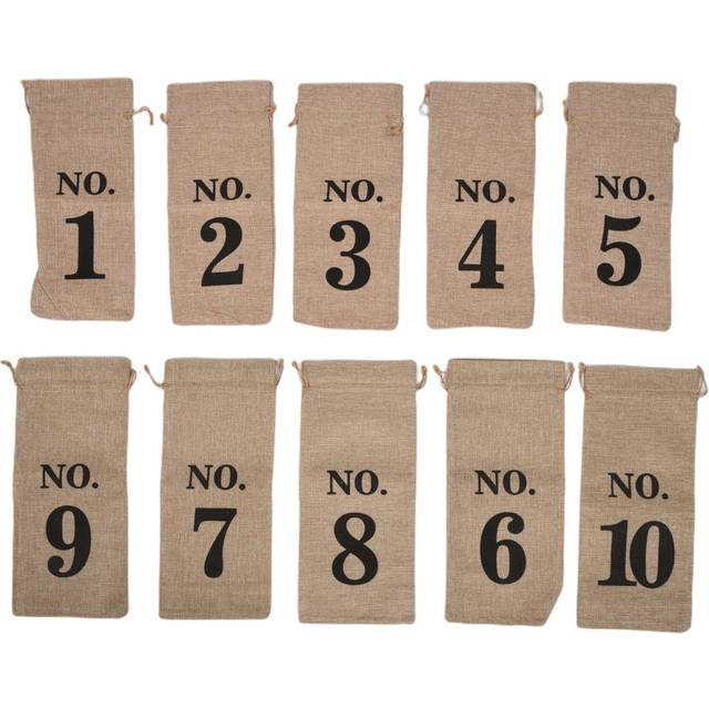10Pcs Wine Bags, 14 x 6 1/4 Inches Hessian Numbered Wine Bottle Gift Bags with Drawstring for Blind Wine Tasting (Brown)