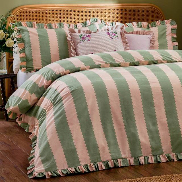 Wylder Nature Wylder Birdie Stripe Ruffle Double Duvet Cover Set Pink/Green, Pink