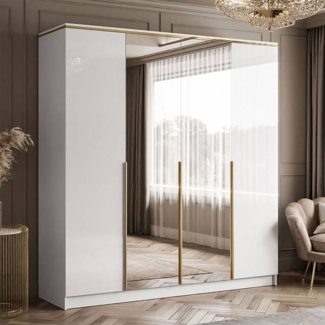 AURORA 4D white gloss Wardrobe with mirror, Gold Chrome Handles (210cm H X 200cm W X 57cm D)
