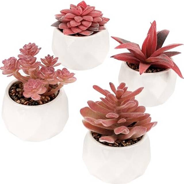 Pack of 4 Pink Artificial Succulent Plants in Pots - Decorative Faux Potted Flowers - Realistic Mini Fake Plants in