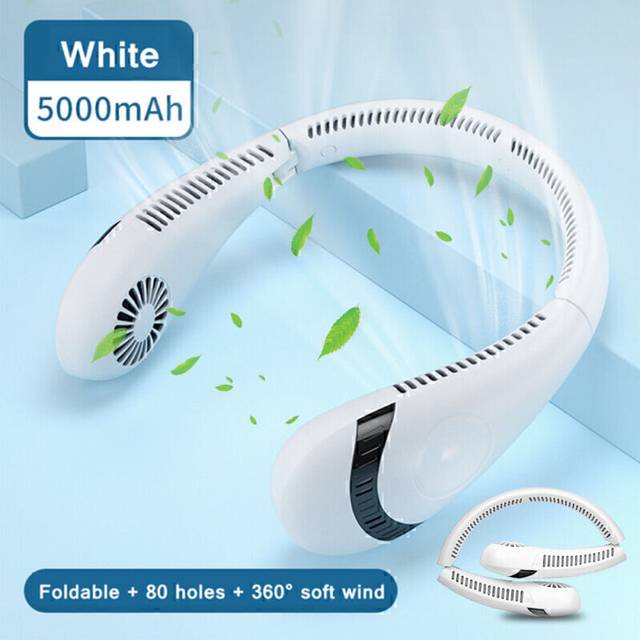 Neckband Fan Bladeless Lazy Neck Hanging Cooler USB Rechargeable Portable Fan UK-5000Ah Neck Fan-White-