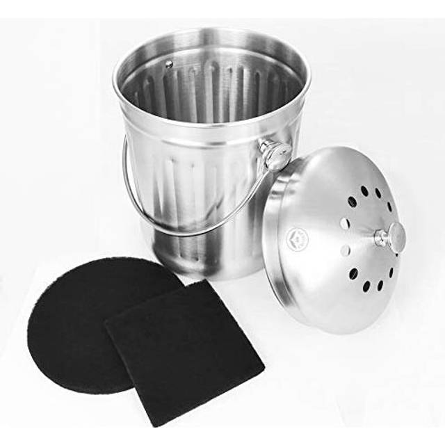 Newline NY Stainless Steel Indoor Compost Bin for Kitchen Countertop, 1.3 Gallon Recycling Pail Bucket with 2 Charcoal Filters