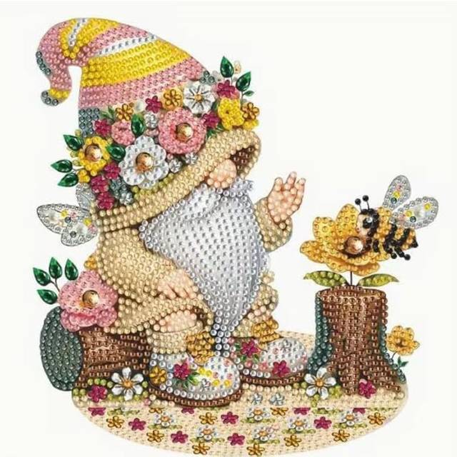 Raloo 5D DIY Floral Gnome and Bee Diamond Painting Kit Rhinestone Wooden Tabletop Ornament Decoration - Brown (45.72cm H X 43.18cm W X 2.54cm D)