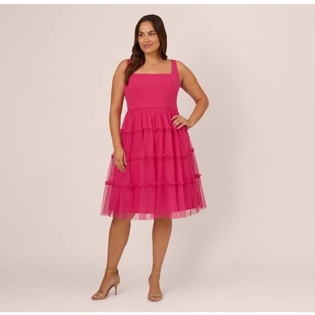 Plus Size Sleeveless Midi Dress With Square Neck And Tiered Skirt In Bright Rose - 14