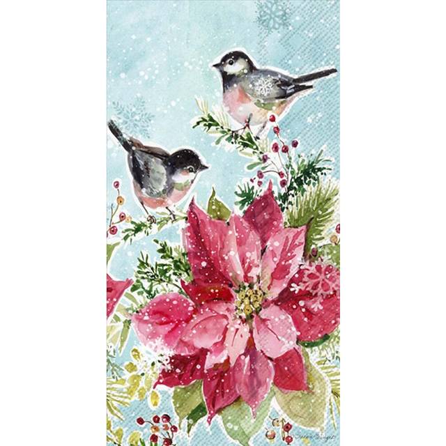 Boston International IHR 3-Ply Paper Napkins  16-Count Guest Size  Poinsettia & Chickadees