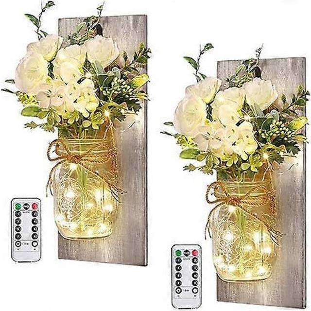 (Colour, One size) Rustic Wall Sconces Mason Jar Sconces Handmade Wall Art Hanging Design with Remote Control LED Fairy Lights and White Peony,Farmhou