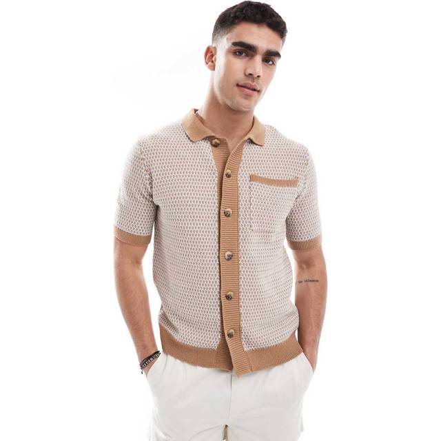 New Look Men's Brown Regular Patterned Open Knit Shirt - XXL