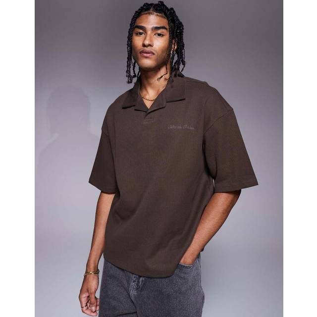 Mens River Island Brown Ribbed Open Neck Polo Shirt
