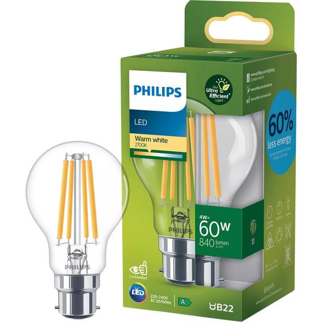 Philips Ultra Efficient 4W B22 LED Classic Bulb, Warm White