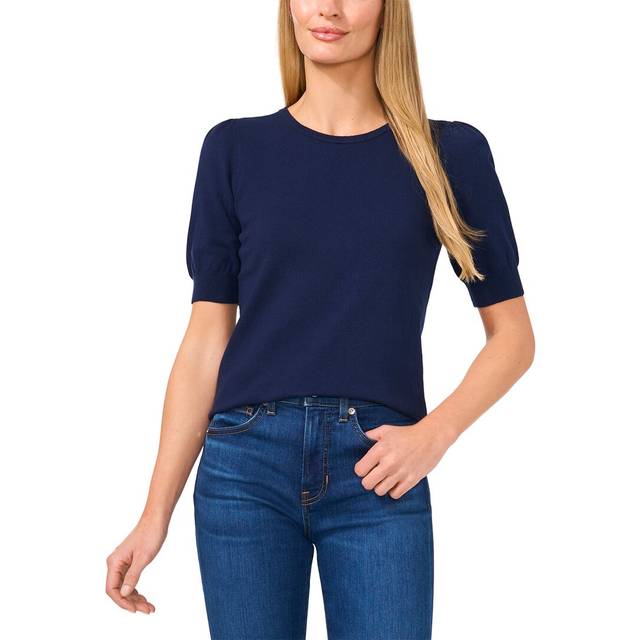 Cece Short Sleeve Crew Neck With Pearl Button Sweater