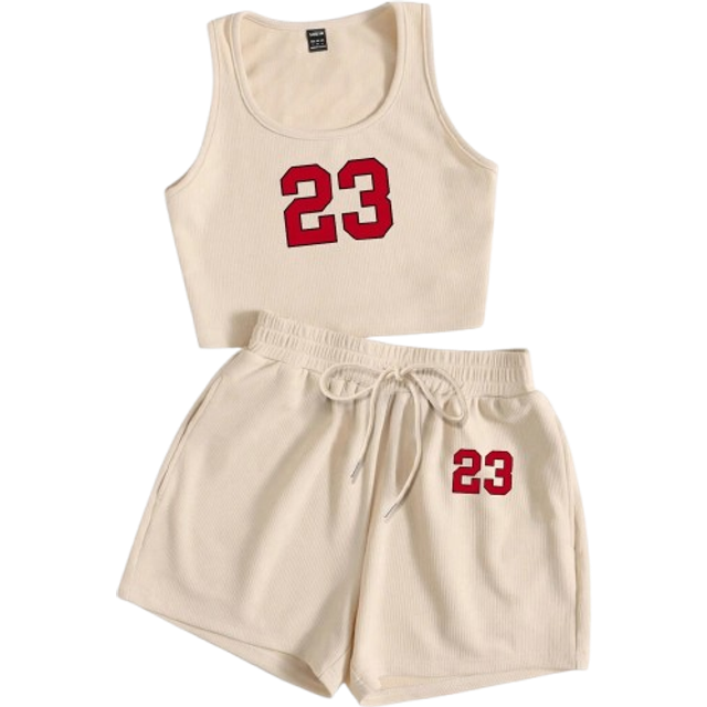 Slaydiva 2pcs Women Summer Casual Fitted Crew Neck 23 Graphic Tank Top And Drawstring Shorts Set