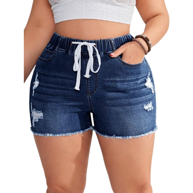 SHEIN Plus Size Women&#39;s Drawstring Waist Distressed Denim Shorts With Pockets And Frayed Hem, Casual