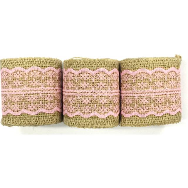 Allydrew 6 Yards Total Vintage Natural Burlap Lace Ribbon (3 Rolls) - Pink