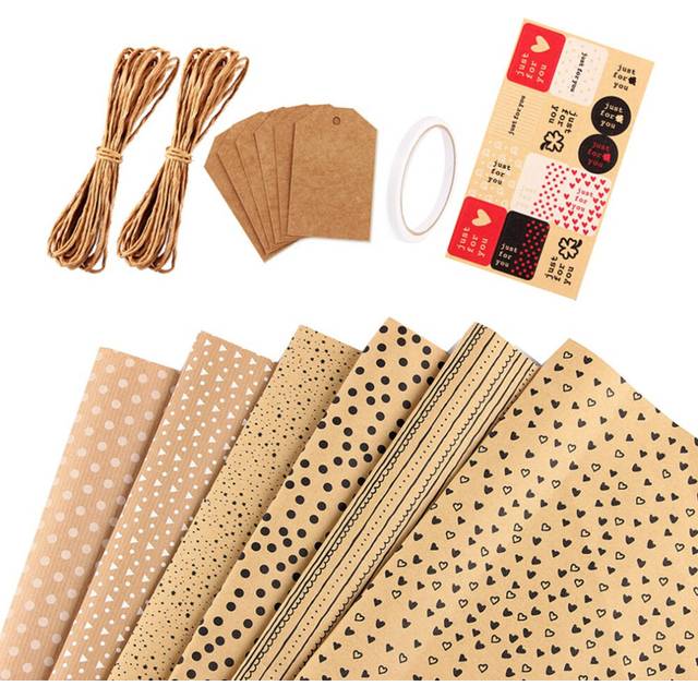 Kraft ,Birthday Wrapping Paper,6 Sheets Brown Paper with Tags Strings and Sticker
