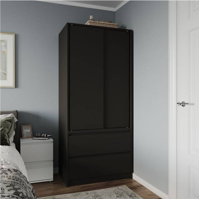 (Black Carcass with Black Doors) 2 Sliding Doors Wardrobe 2 Drawer Clothes Cupboard