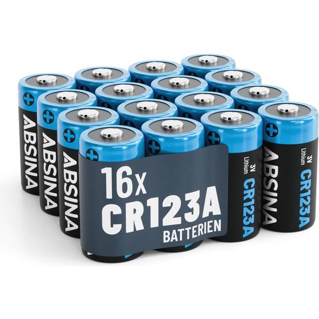 ABSINA 16 x CR123A 3 V litiumbatteri för kameror och mycket mer - CR123A läckagesäkert och långvarigt batteri - CR123A-batterier med 1 300 mAh - CR123-batterier, CR123A 3V, 123-batterier