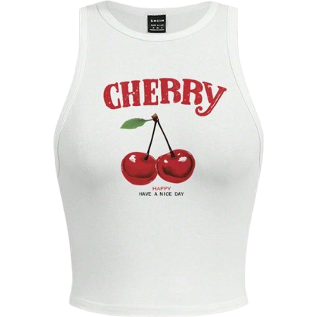SHEIN Casual Cherry Pattern White Slim Fit Women&#39;s Tank Top, Summer Style