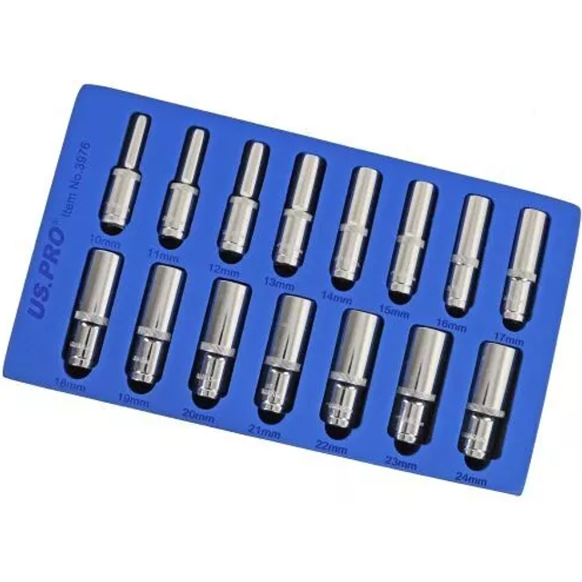 "US PRO Tools 15PC 1/2"" DR 6pt Deep Sockets 10 - 24mm In EVA Foam Tray 3976"