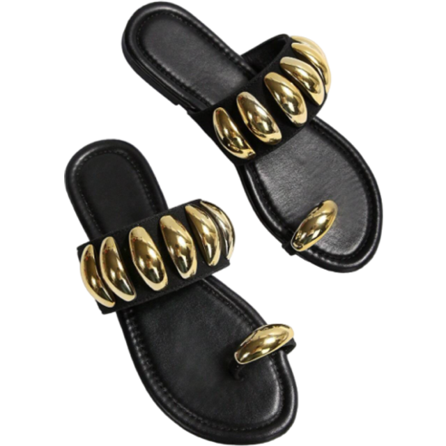 SHEIN Women&#39;s Gold Metal Decor Round Toe Slip-On Sandals, Black, Fashion & Comfortable Flat Slides For Summer