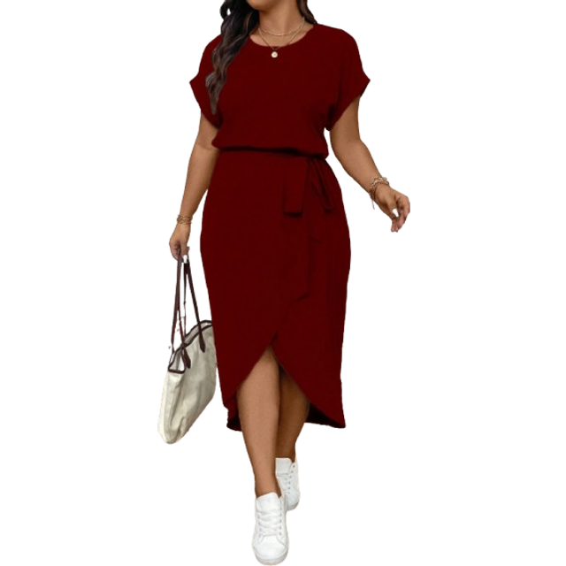 SHEIN Plus Size Crew Neck Crossed Wrap Tie Waist Short Sleeve Dress Burgundy Women Outfit