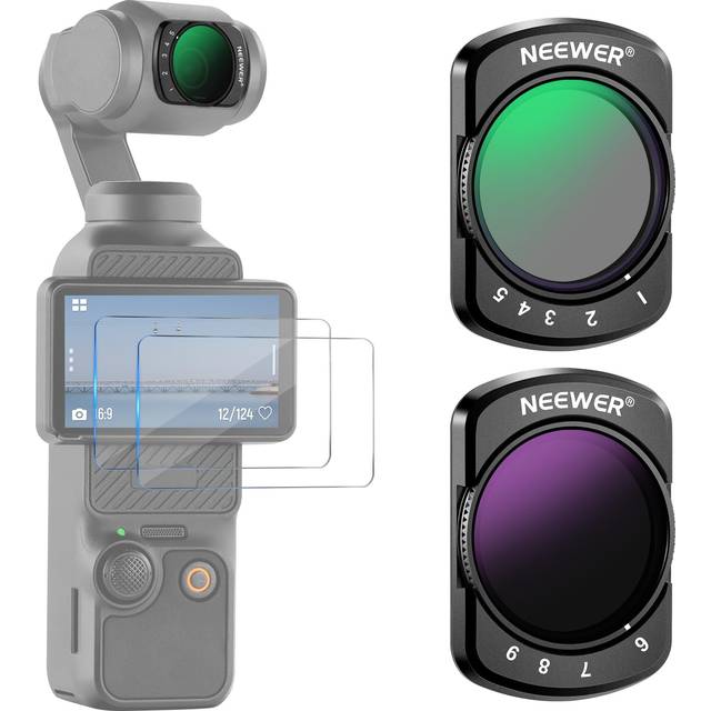 Neewer Variabel ND2-ND32 & ND64-ND512 kit kompatibel med DJI Osmo Pocket 3 Creator Combo Tillbehör, begränsade stopp neutrala densitetsfilter, 2 skärmskydd, actionkameratillbehör