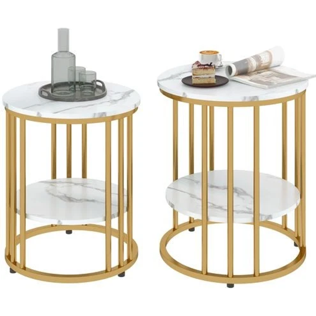 HOMCOM Marble-Effect Round Coffee Table Set of 2 for Living Room, Gold Tone