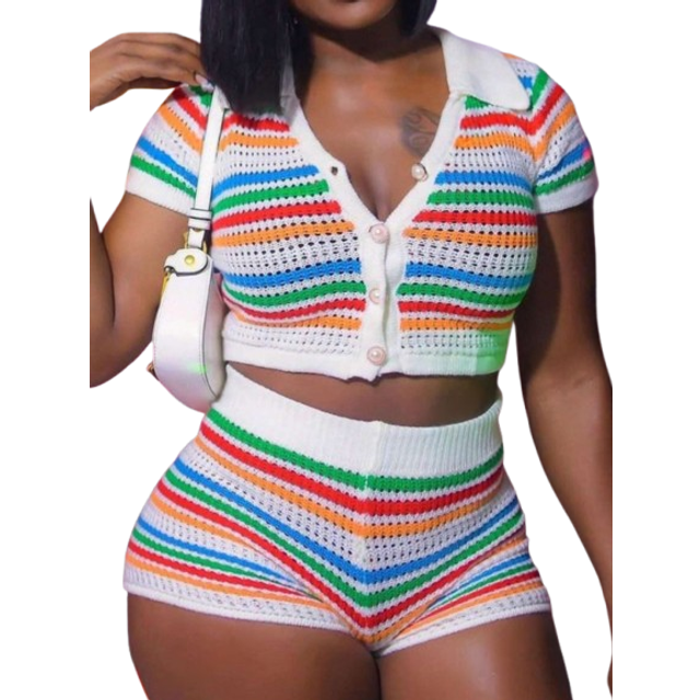 Apperloth A Y2K Rainbow Stripe Colorblock Hollow Out Turnover Collar Button Front Short Sleeve Crochet Knit Crop Tee Top & Shorts, Spring And Summer Two-Piece Set