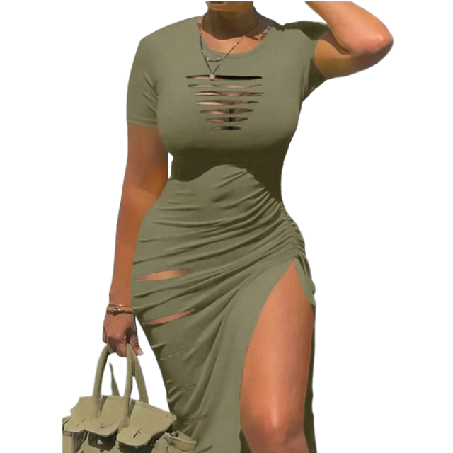 SHEIN Ladies&#39; Short Sleeve Dress With Drawstring Waist, High Slit Hem And Ripped Details