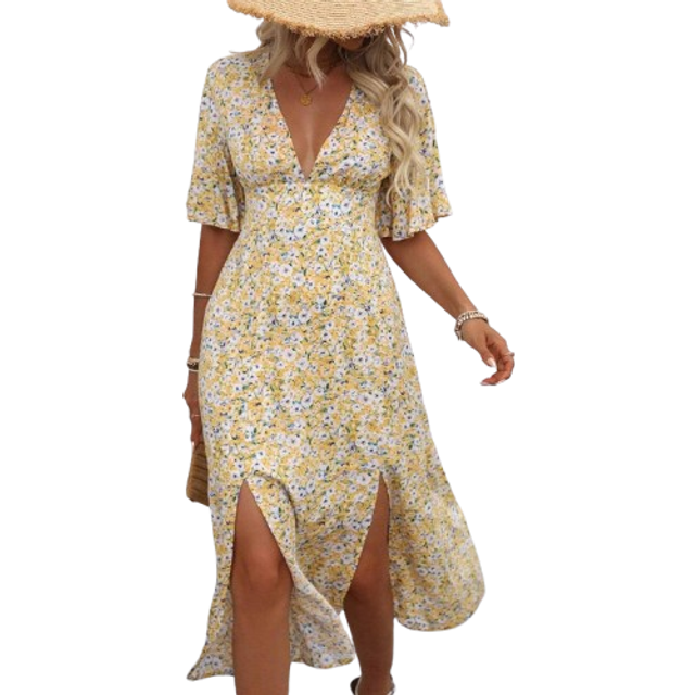Breezaya Plus Size Women&#39;s Boho Summer Floral Print Deep V-Neck Ruffle Sleeve Elegant Dress With Double Side Slit Hem Women Outfit
