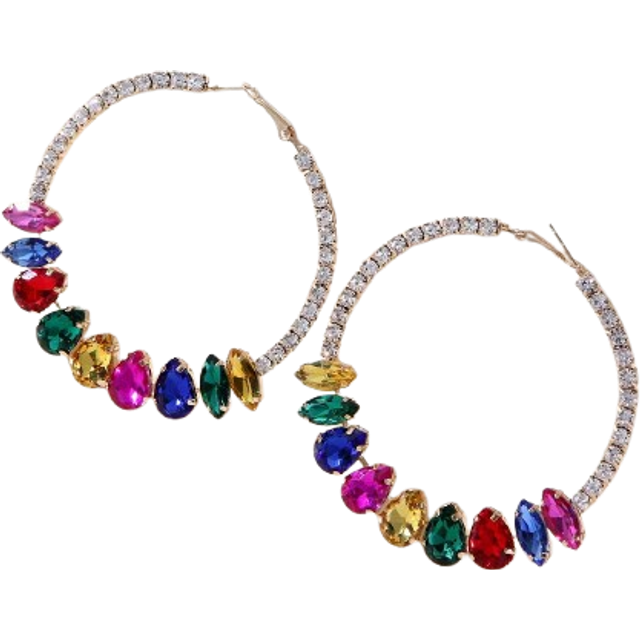 SHEIN 1pair Luxury European And American Fashion Exaggerated Metal & Multicolor Crystal Inlaid Round Hoop Earrings Retro Elegant Goddess Style Personality E