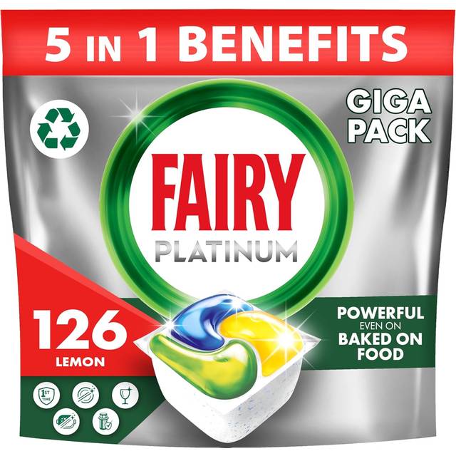Fairy Platinum All-In-1 Lemon Dishwasher Tablets, 126 Tablets, Bulk Pack for Powerful Cleaning Action
