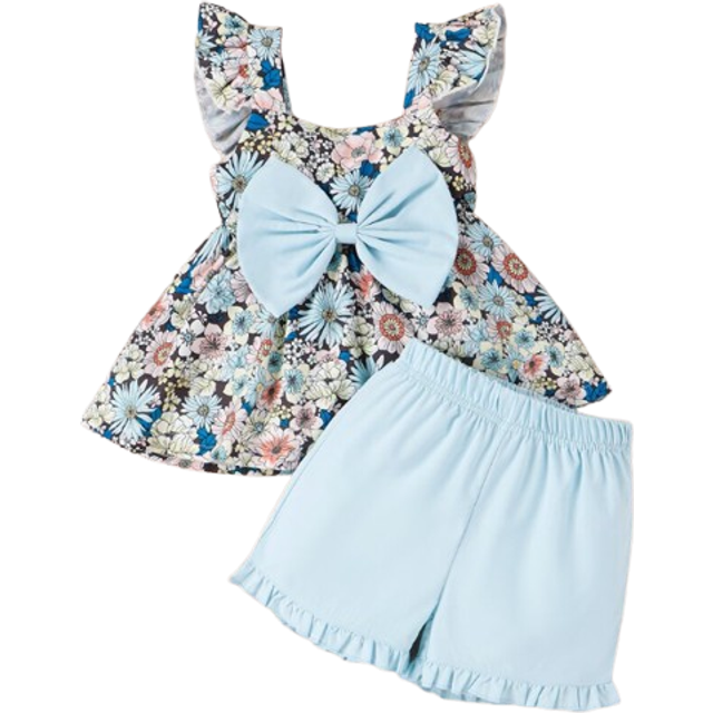 SHEIN Young Girl Floral Print Ruffle Trim Bow Front Top & Frill Hem Shorts & Headband