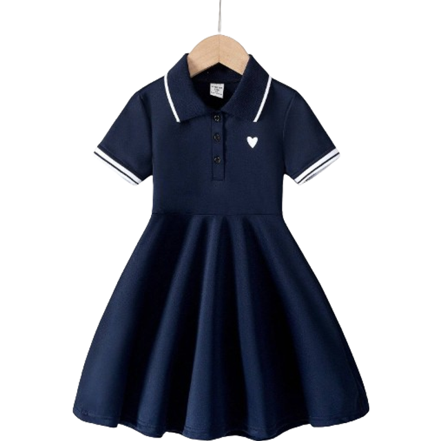 SHEIN Young Girl Heart Print Polo Collar Dress