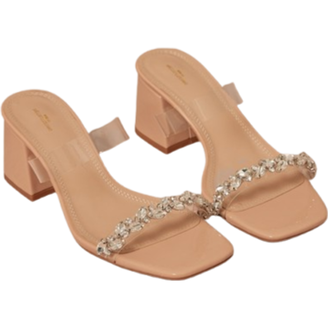 Nude PU Wide Fit Square Toe Jewel Perspex Block Heeled Mules, Pink - 4