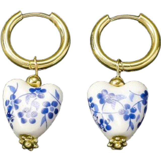 MESTILO 1 Pair Of Retro Chinese Style Blue Ceramic Heart-Shaped Earrings With Printed Pattern, Stainless Steel Qinghua Porcelain Imitation Earrings For Women&#39;
